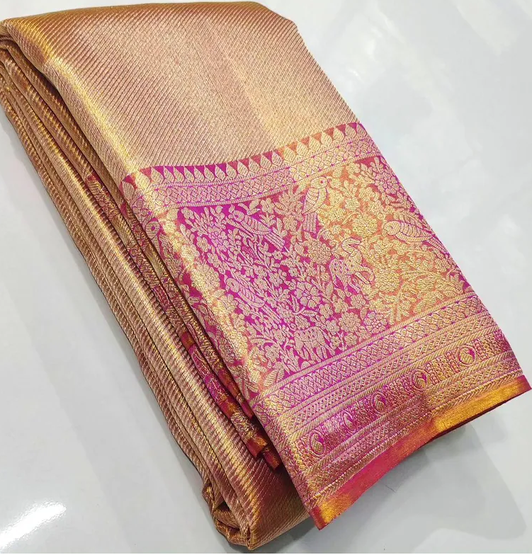 Gold and Hot Pink Kanchipuram Handloom Tissue Brocade Silk Saree